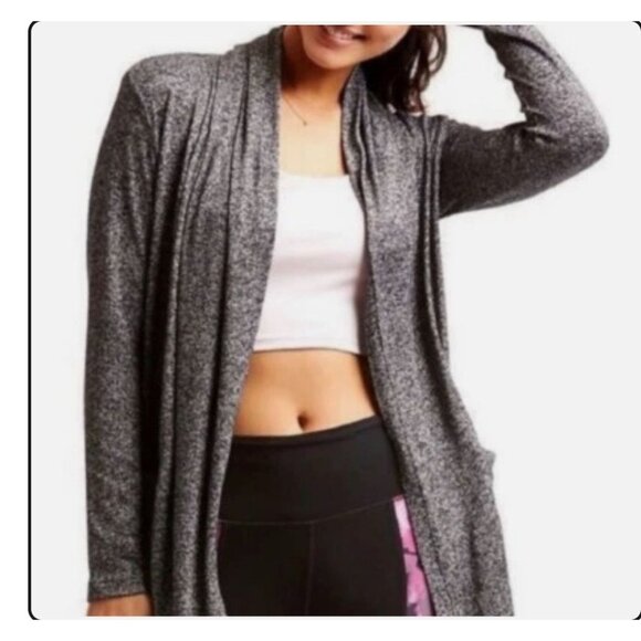 Athleta Pose Wrap Cardigan Womens M Heathered‎ black Hooded Pockets Athleisure - Picture 2 of 12